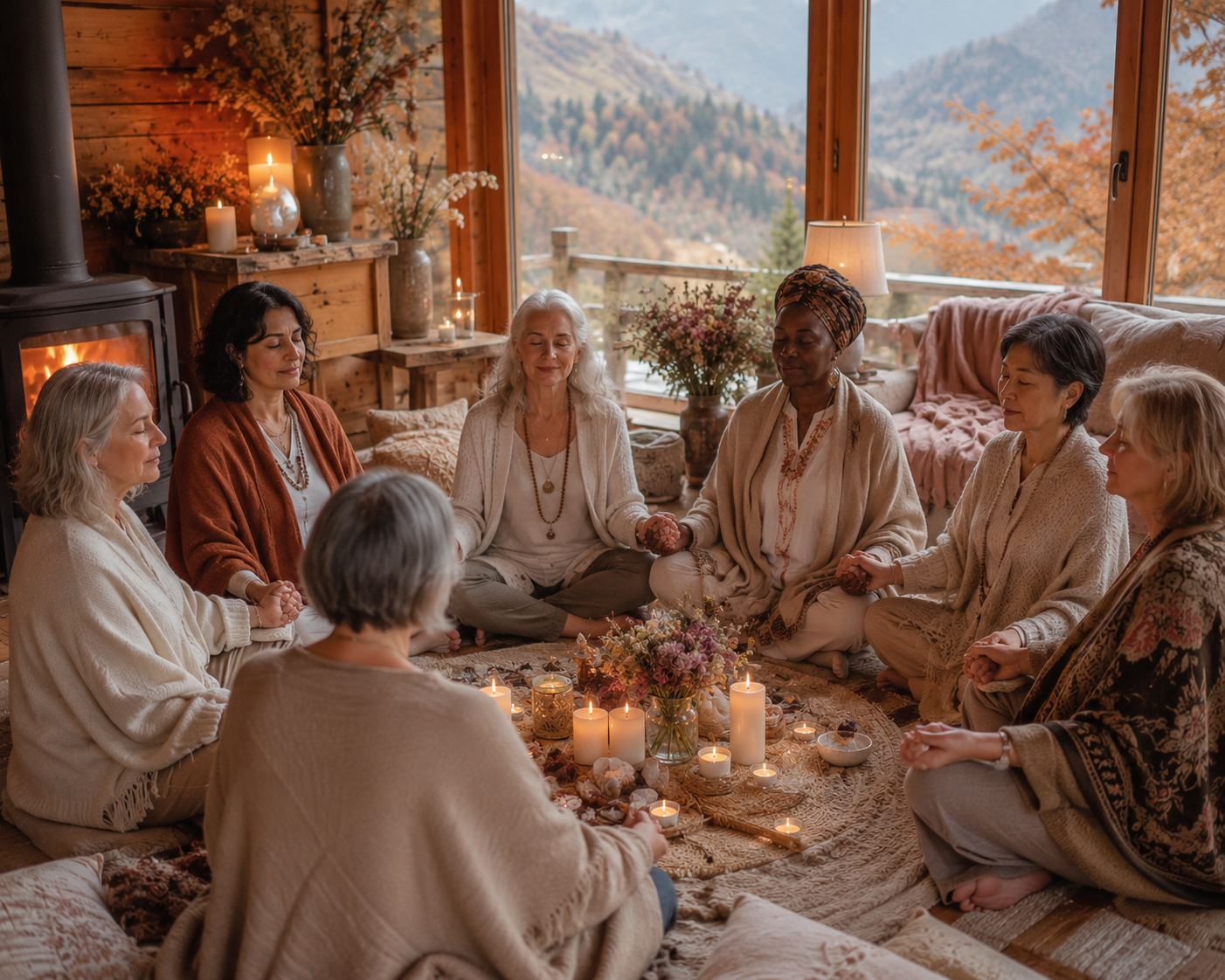 A women's circle gathered around candles and flowers in a warm mountain chalet