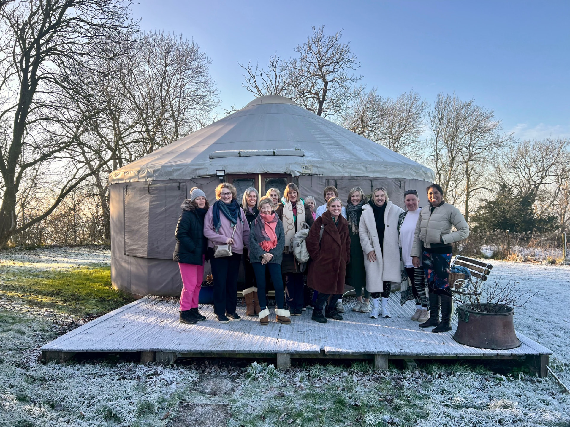 The Happy Body Project group outside the yurt on a frosty winter morning