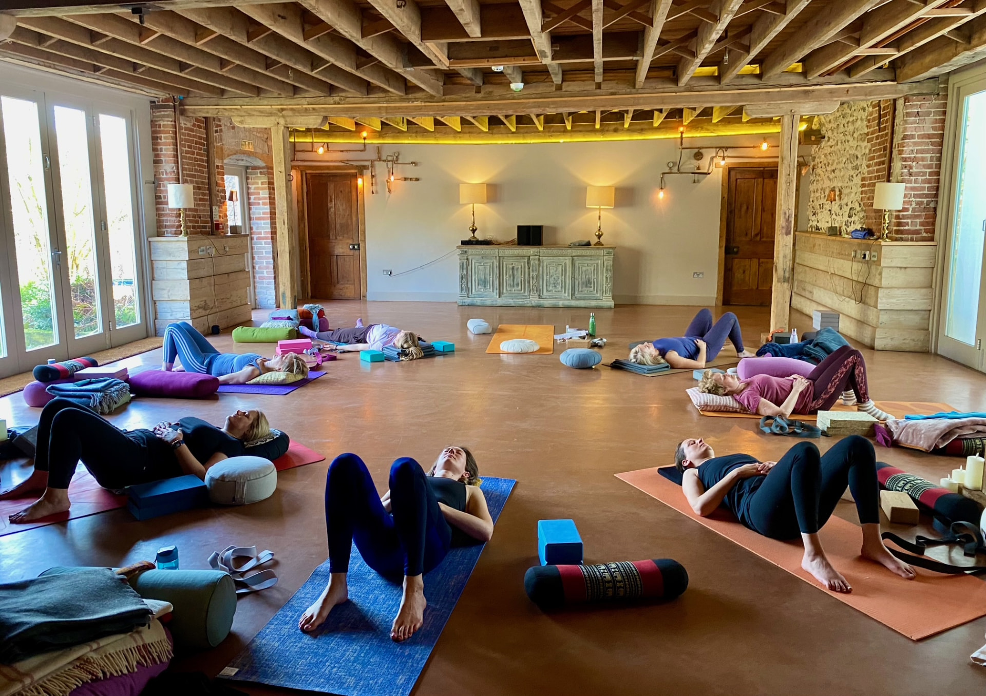 Restorative yoga in the West Lexham barn studio