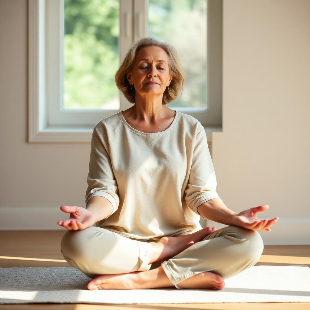 Woman in meditation, soft morning light