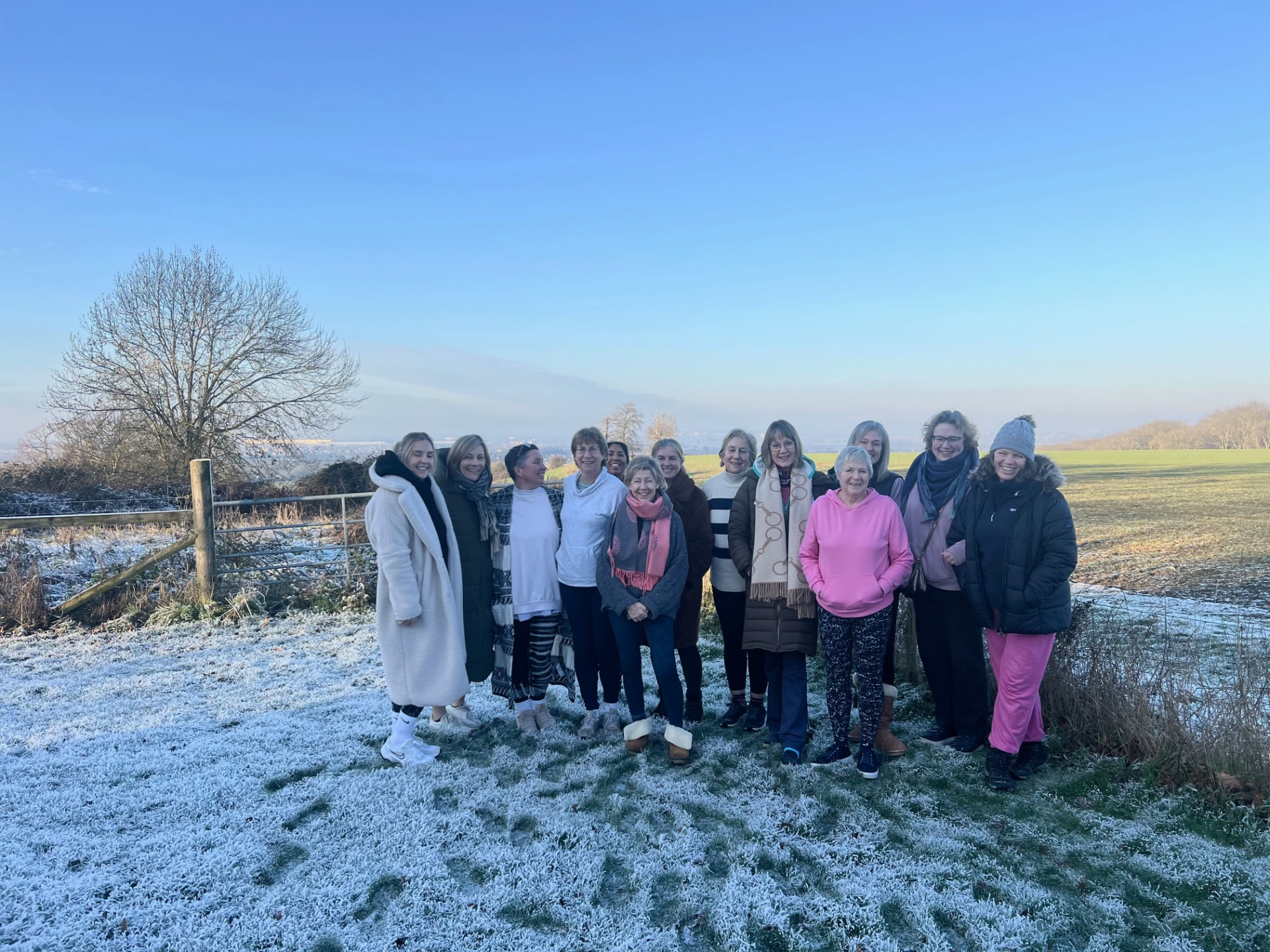 The Happy Body Project group in a frosted Bedfordshire field under blue sky